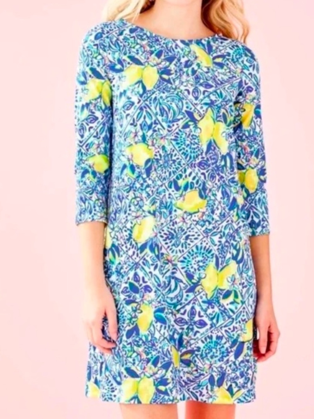 EUC Lilly Pulitzer Ophelia "zest for life" lemon print 3/4 sleeve swing dress